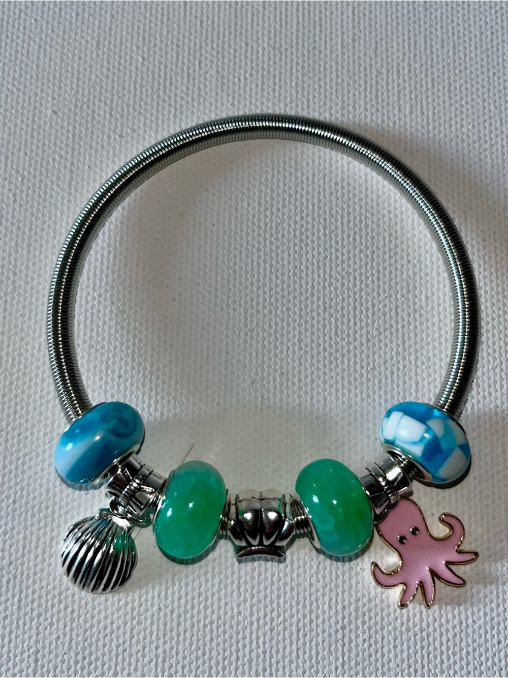 Silver Charm Bracelet with Aqua Glass Beads & Pink Octopus & Seashell Charms